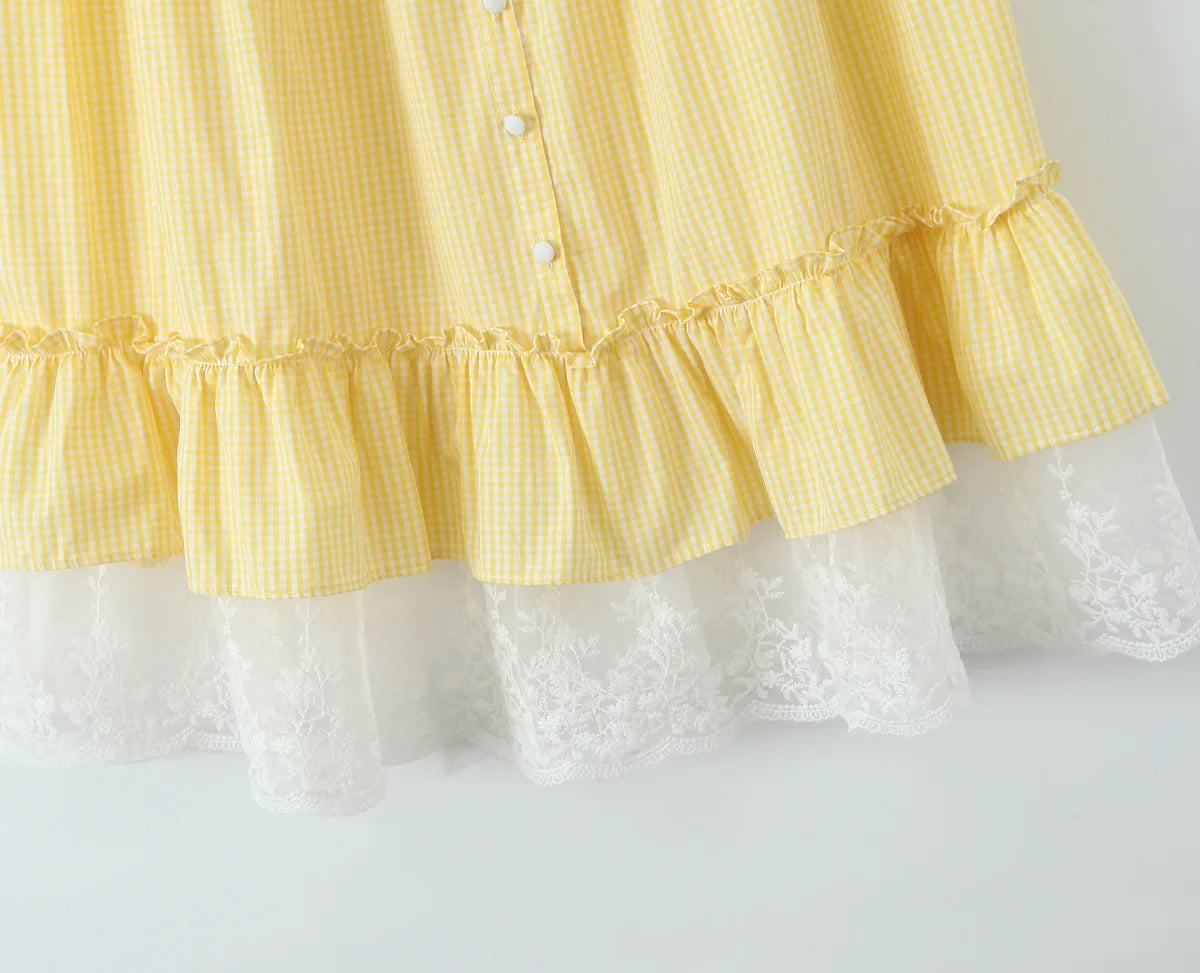 Foridol Gingham Printed Yellow Women Summer Dress Set Lace Top+skirt Sets Vintage French Style Midi Dress Oufits Plaid Vestidos
