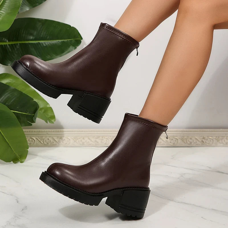 Fashion Thick Heels Ankle Boots Women 2025 Back Zipper Plus Size 35-42 Pu Leather Boots Woman Round Toe Platform Booties Mujer