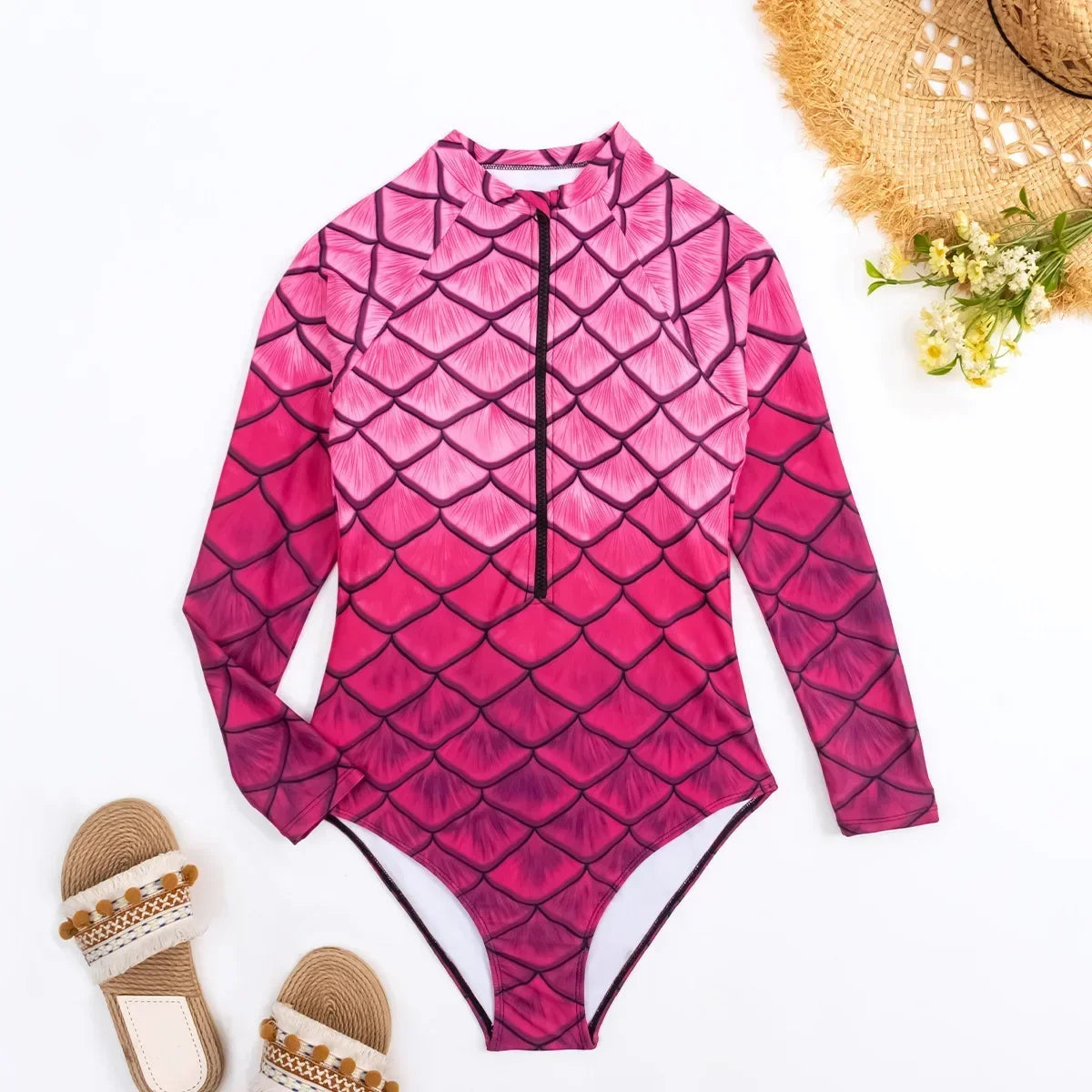 Long Sleeve One Piece Swimsuit Zipper Swimwear Women Bathing Suit Sports Surfing Suits Swim Wear Print Beachwear Summer Holiday