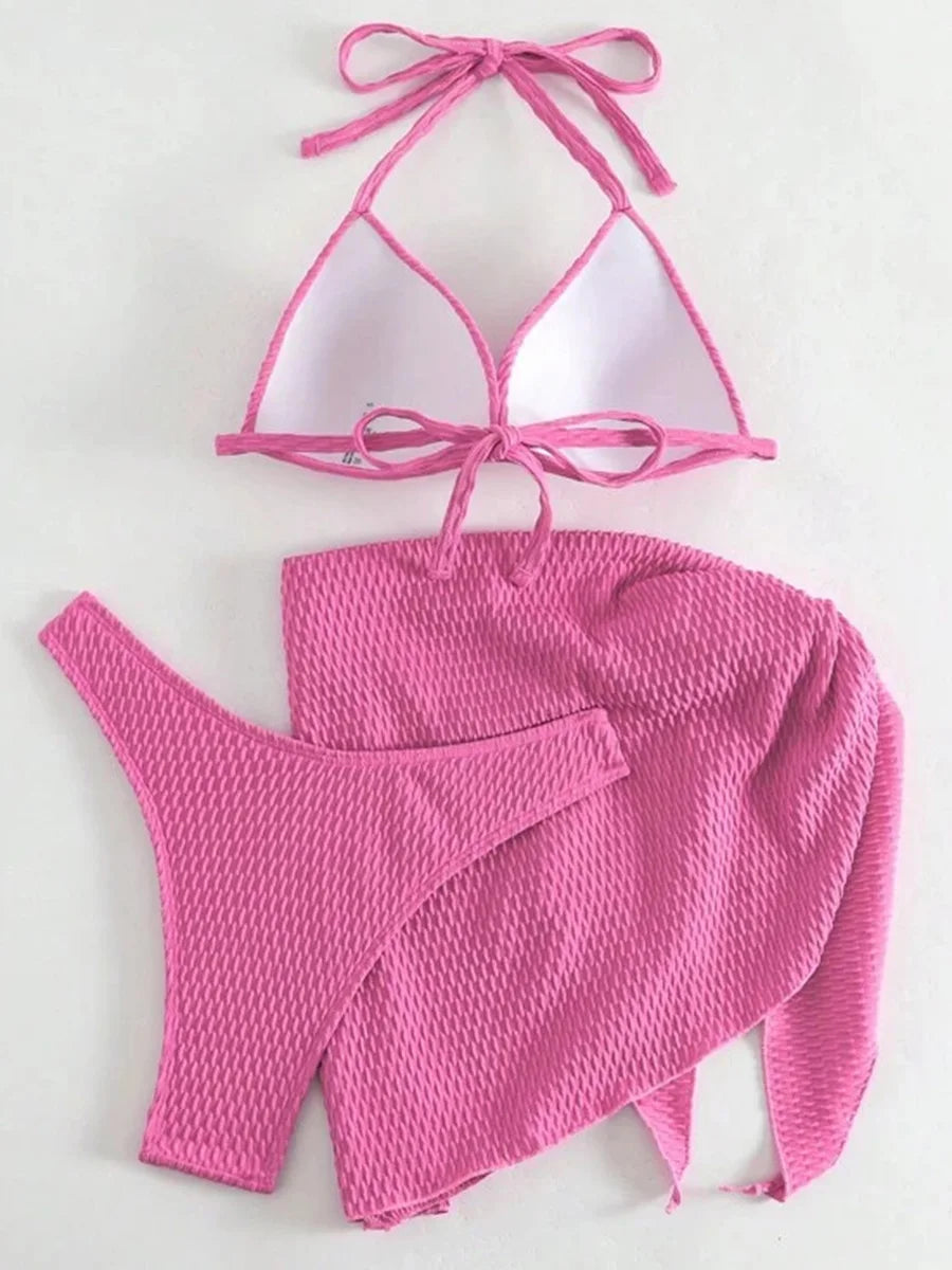 With Beach Sarong Bra Cup Wrinkled Bikini Female Swimsuit Women Swimwear Three-pieces Bikini Set Push Up Bathing Suit Swim Lady