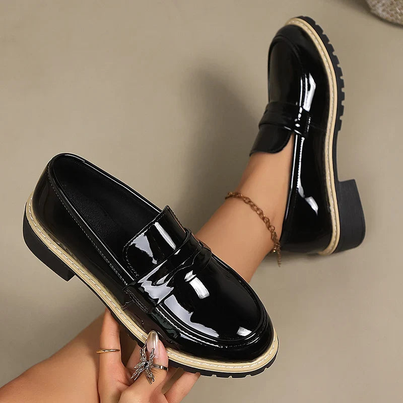 Patent Leather Thick Heels Loafers Women Spring New Mixed Color Med Heel Office Pumps Woman Plus Size 43 Slip On Single Shoes