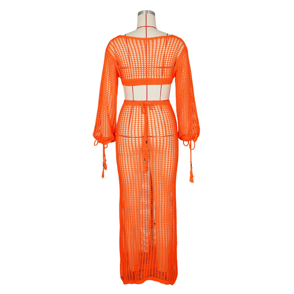 DEKA Women Knitted Backless Cover Up Swimsuit Long-sleeved Crochet Hollow Out Dress Summer Beach Vacation Outfit Beach Dress