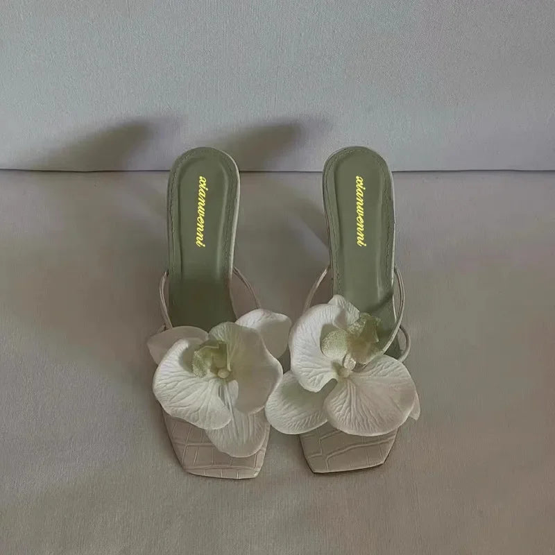 Women Fashion New Flower Clip-toe High-heeled Slippers Thin Heels Mules Slippers Elegant Party Ladies Elegant High-heeled Sandal