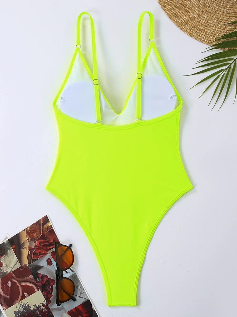 2026 Sexy Solid Swimsuit One Piece High Cut Swimwear Women V neck Backless Bathers Bathing Swimming Swim Suit Female Beachwear
