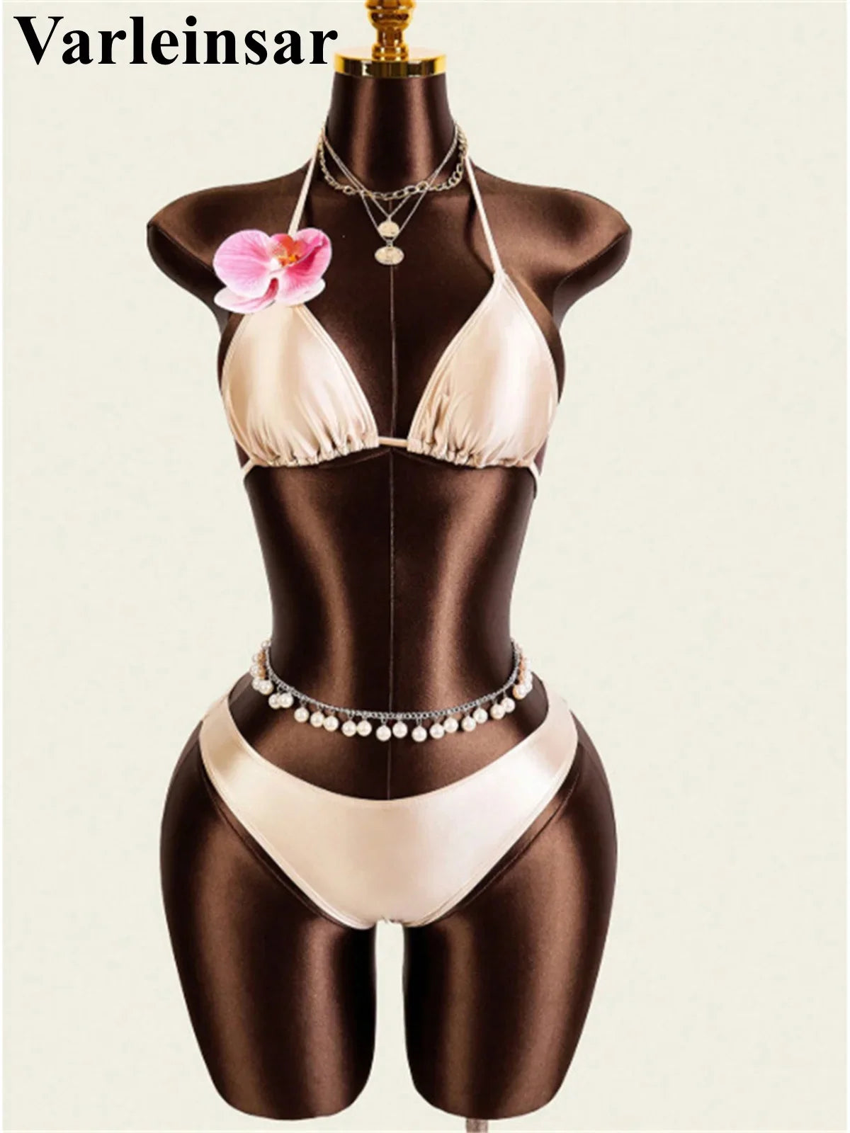 XS - L With Skirt 3D Flower Halter Bikini Women Swimwear Female Swimsuit Three-Pieces Bikini Set Bather Bathing Suit Swim V8065