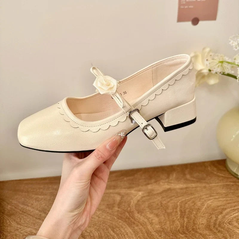 2026 Floral Rose Women Mary Jane Shoes Fashion Buckle Strap Thick Heel Shoes Ladies Elegant Daily Wedding Leather Dress Pumps