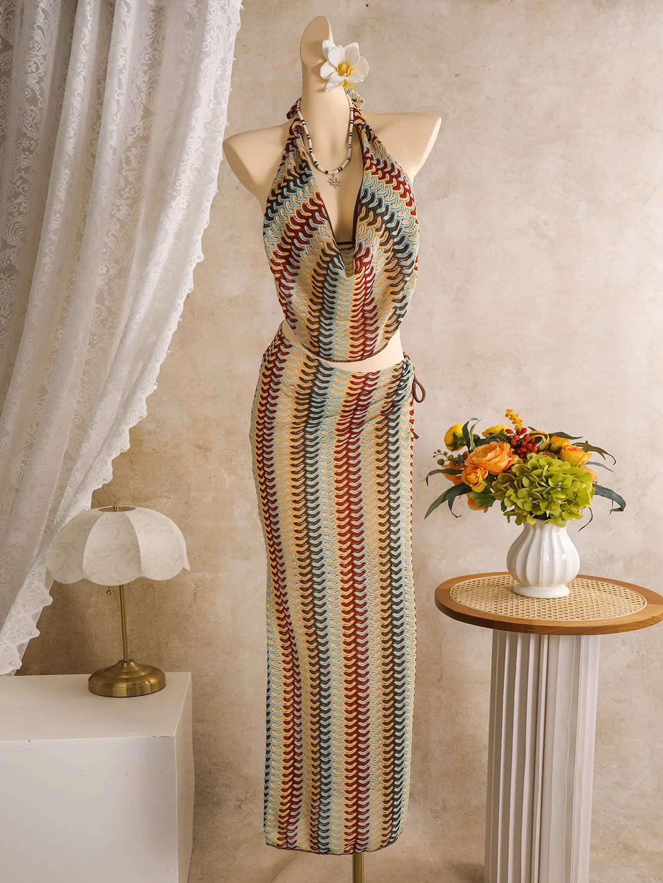 Bohemia Style Coffee Striped Bikini Set 2026 Women Cover Up+Long Skirt 4 Piece Swimsuit Summer Holiday Bathing Suit Swimwear