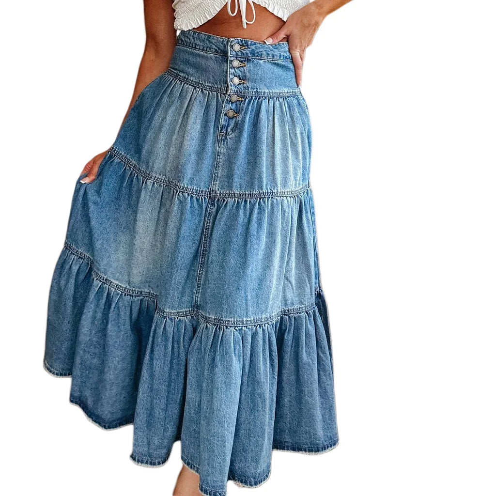 Women's Vintage Denim Midi Skirt High Waist Irregular Ruffle A Line Jean Skirt for Summer Spring