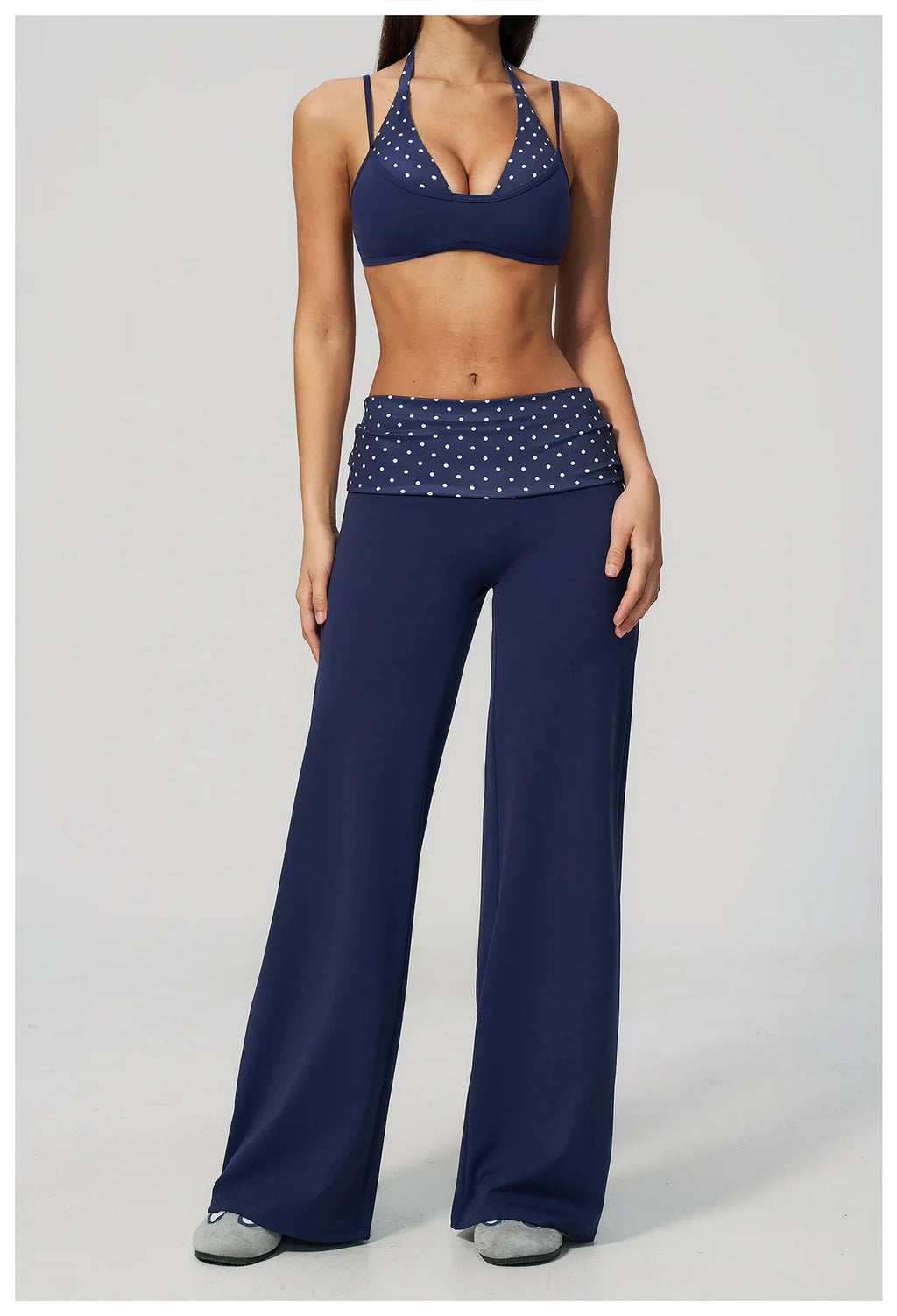 Fake Two-piece Sports Bra Yoga Sets Women Coffee Striped Patchwork Folding High Waist Wide Leg Pants Gym Running Fitness Suits