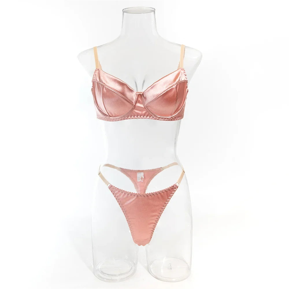 2 Pcs Sexy Bra Set Women Underwear Underwire Push Up Satin Patchwork Bras and Thongs Suits Attractive Bilizna Intimate Set