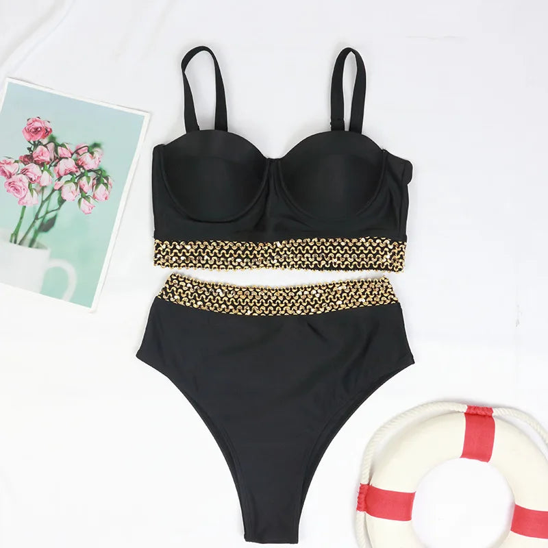 2026 Sexy Bikini Women Push Up Swimwear Swimsuit Gold Wavy Edge Patchwork High Waist Bikinis Set Bathing Suit Biquinis Feminino