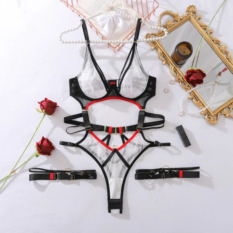 Toucheart Erotic Bodysuit Summer New Style Contrasting Color Thinmesh Steel Support Gathered Hollow Sexy Jumpsuit with Leg Rings