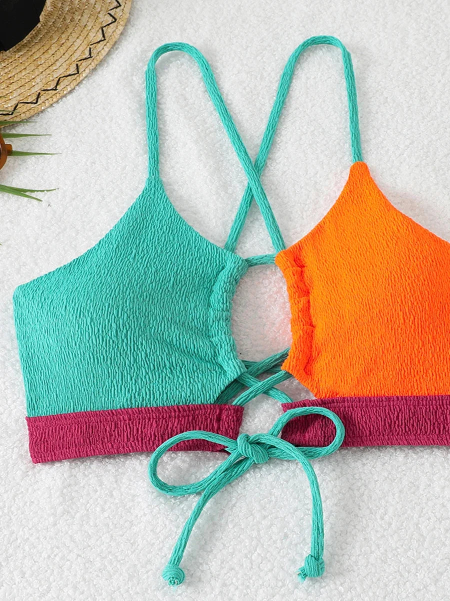 2026 Drawstring Triangle Bikini Women Sexy Color Block Swimwear Female Strappy Swimsuit Bathers Bathing Swimming Swim Suit