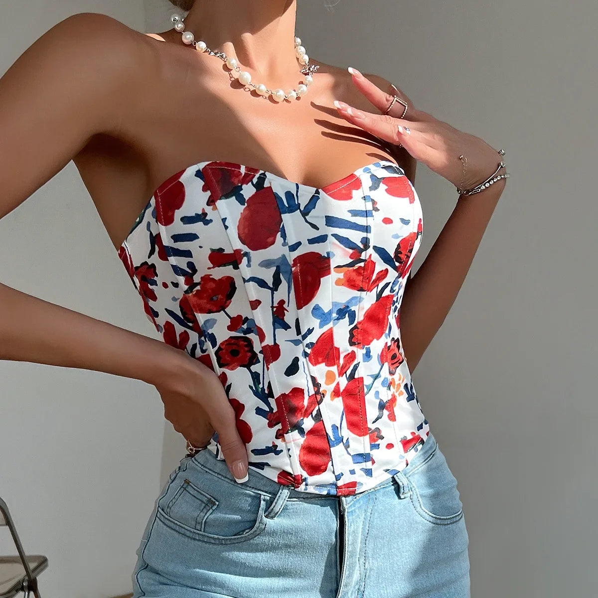 Summer Women Floral Y2K Crop Tops Printed Sleeveless Fishbone Corset Woman Sexy Backless Slim Strapless Streetwear Camisole