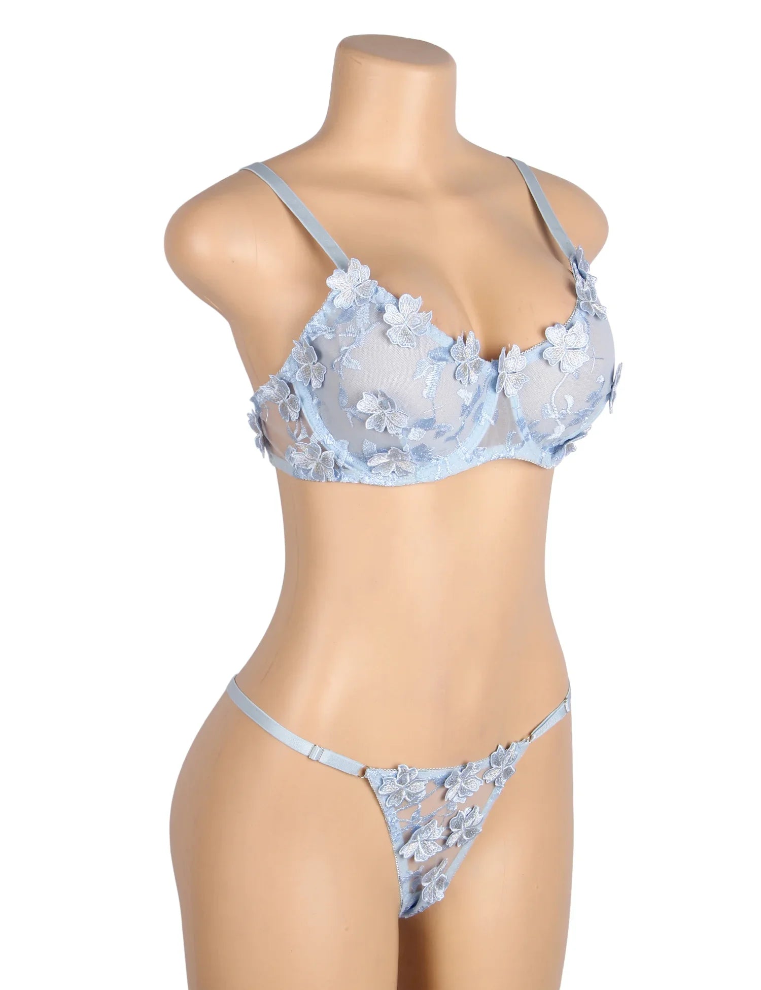 Blue Floral Lace Mesh Bra and Panties Set for Women Push Up Underwire Adjustable Straps Daily Sleepwear Romantic Fancy Lingerie