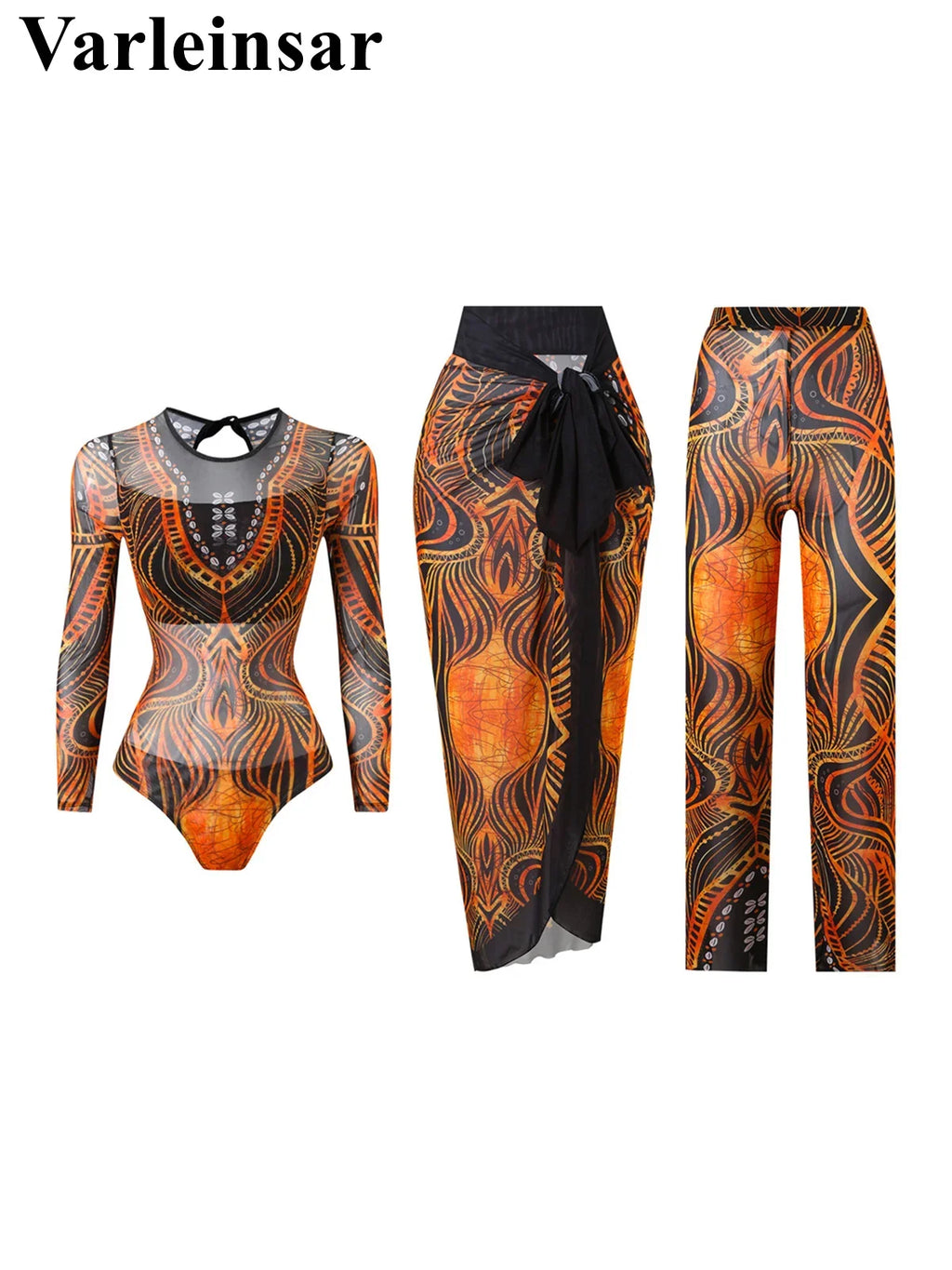 S - XXL 3PCS New Printed Long Sleeve With Pants Sarong Women Swimwear One Piece Swimsuit Female Bather Bathing Suit Swim V7180