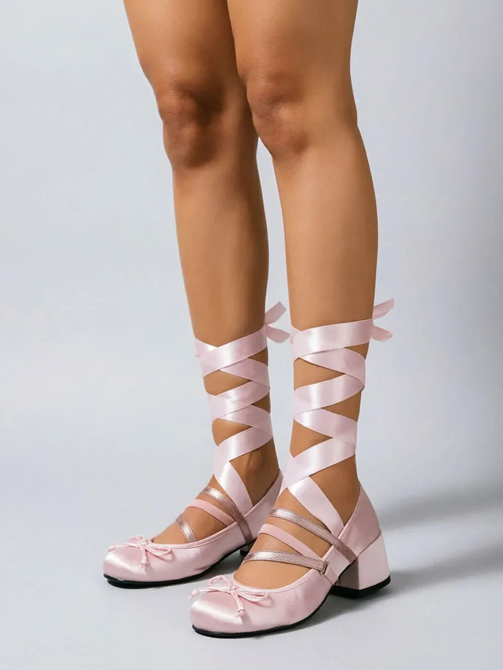 Pink Satin Ballet Style Heels Women Pumps Round Toe Ballerina Ribbon Wrap Leg Tie Up Chunky Block Mid Heel Cosplay Dress Shoes