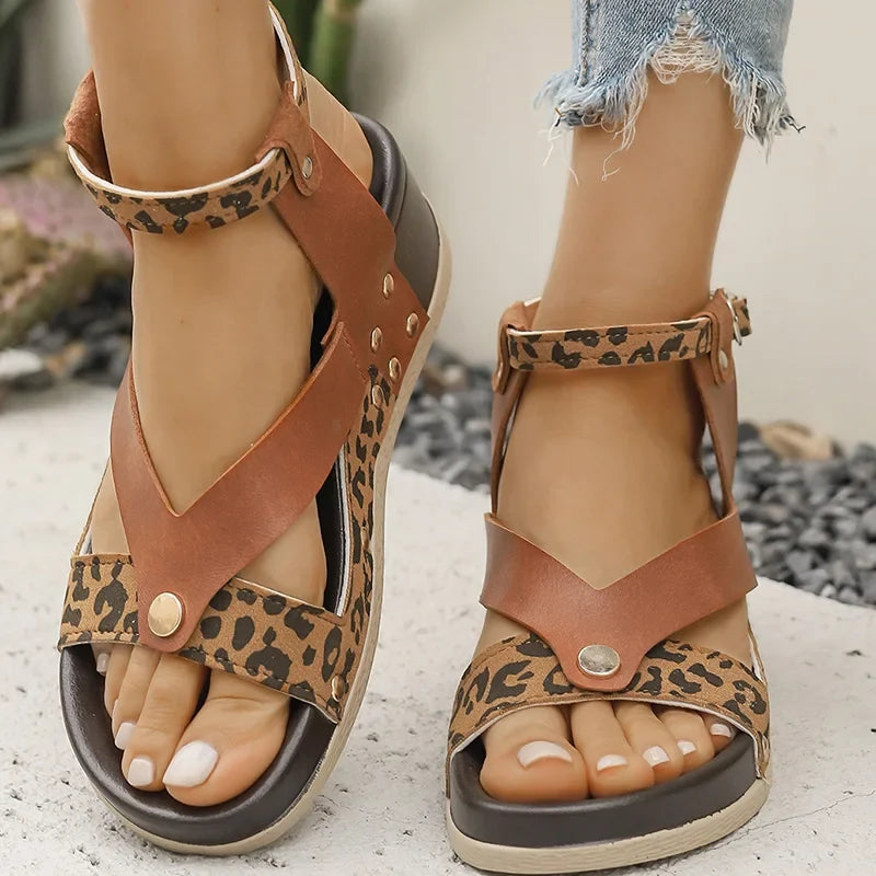 Summer Leopard Print Wedge Sandals Women Plus Size Ankle Strap High Heel Sandal Female New Slip On Pu Leather Sandalias Mujer