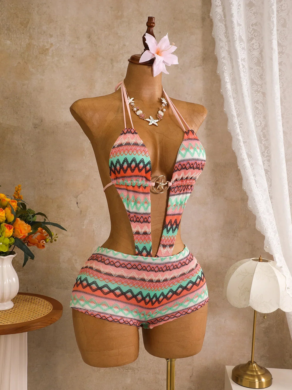 Bohemia Pink Knitted Striped Swimwear 2026 Women Metal Circle Patchwork Hollow Backless Beach Bathing Suit One Piece Swimsuit
