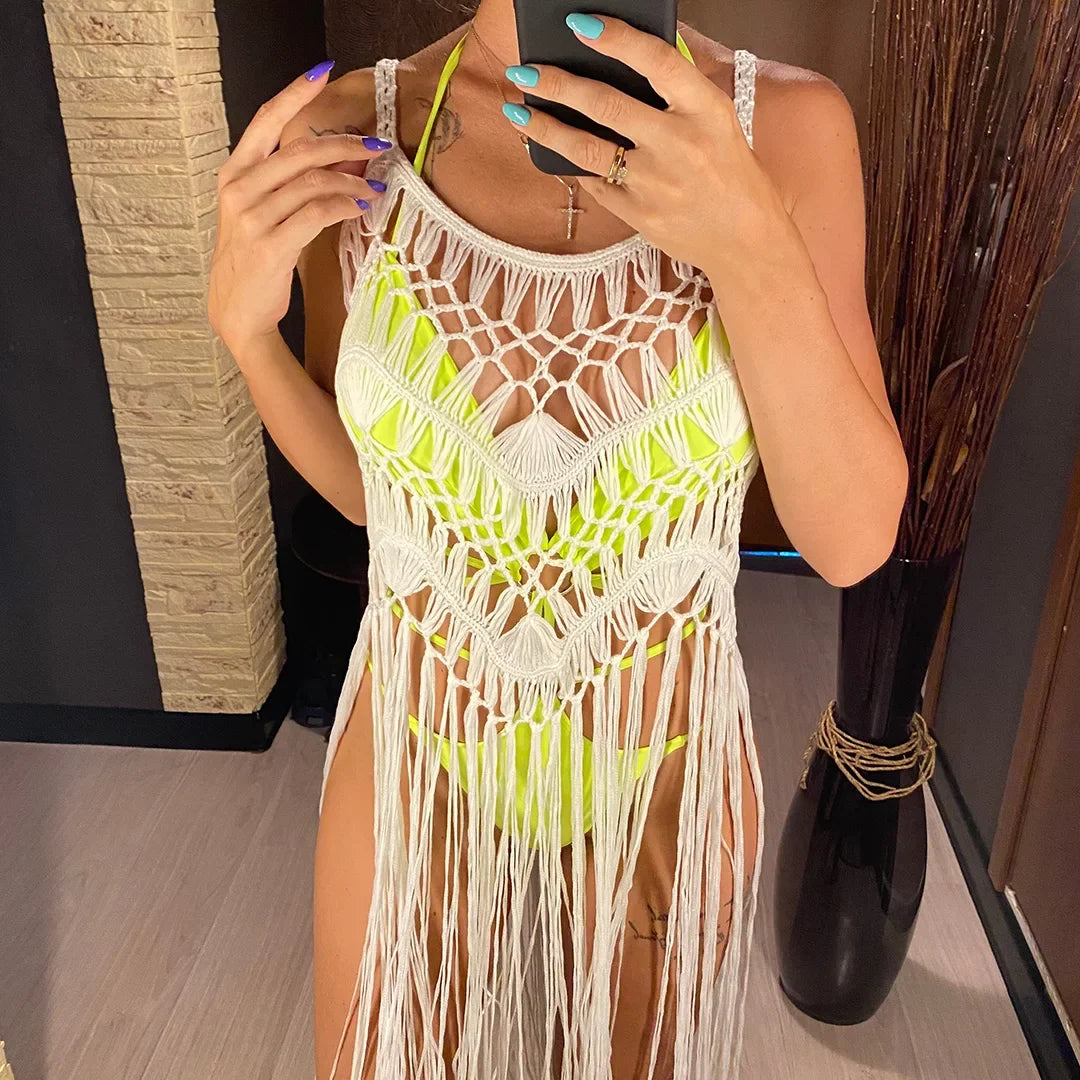 3 Colors Hollow Out Fringe Tassel Knitted Crochet Tunic Beach Cover Up Cover-ups Beach Dress Beach Wear Beachwear Female V3847