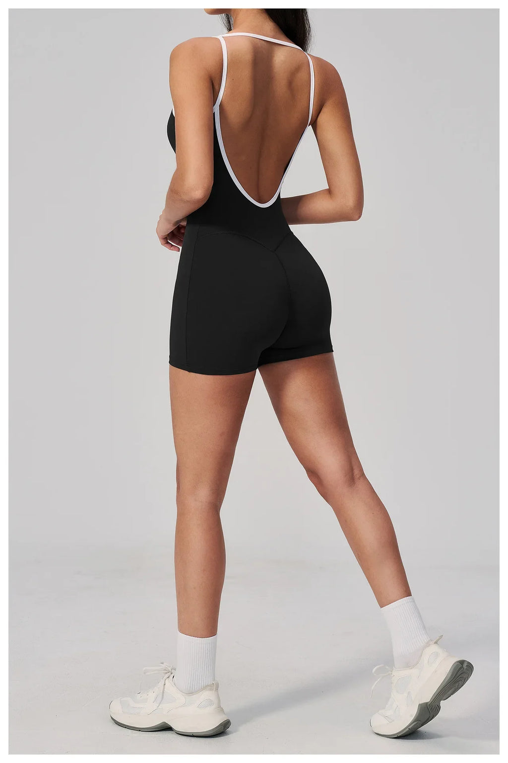 Tight Fitting One-piece Yoga Suit Women Color Bloack Square Collar Hollow Out Backless Butt-Lifting Gym Sports Short Jumpsuit