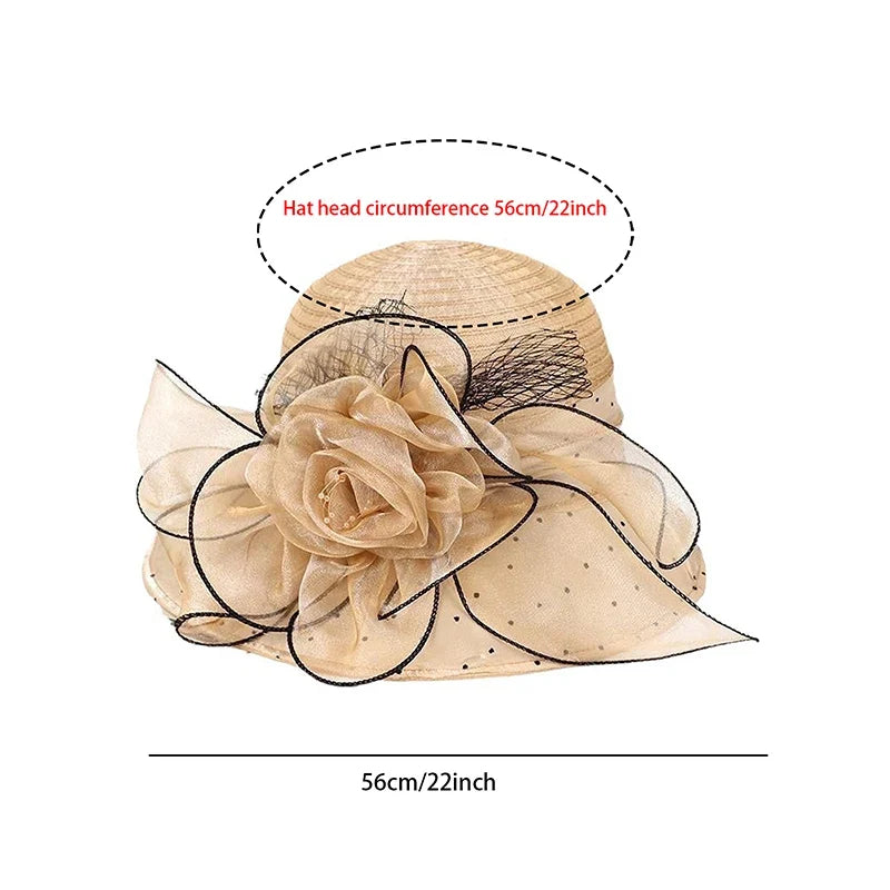 Women's Organza Flower Sun Hat Wide Brim Bucket Cap Wedding Church Dress Hat Fascinator Bridal Tea Party Hat