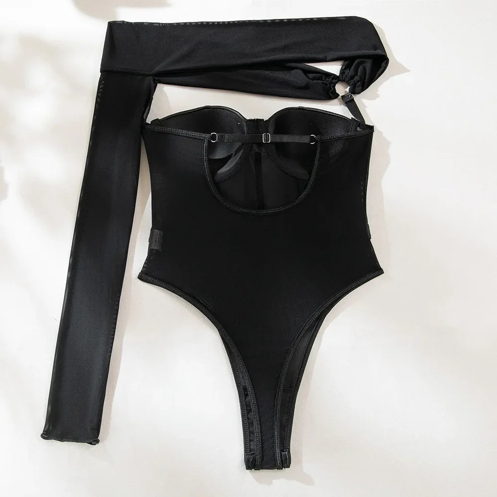 Toucheart Sexy Lingerie One-shoulder Sleeve Body Shaping Jumpsuit Women Push-up Chest Cotton Splicing Mesh Perspective Underwear