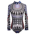 Women Mesh Bodysuits Vintage Ethnic Printed Long Sleeve Leotard Body Top See Through Sexy Club Overalls Shirts