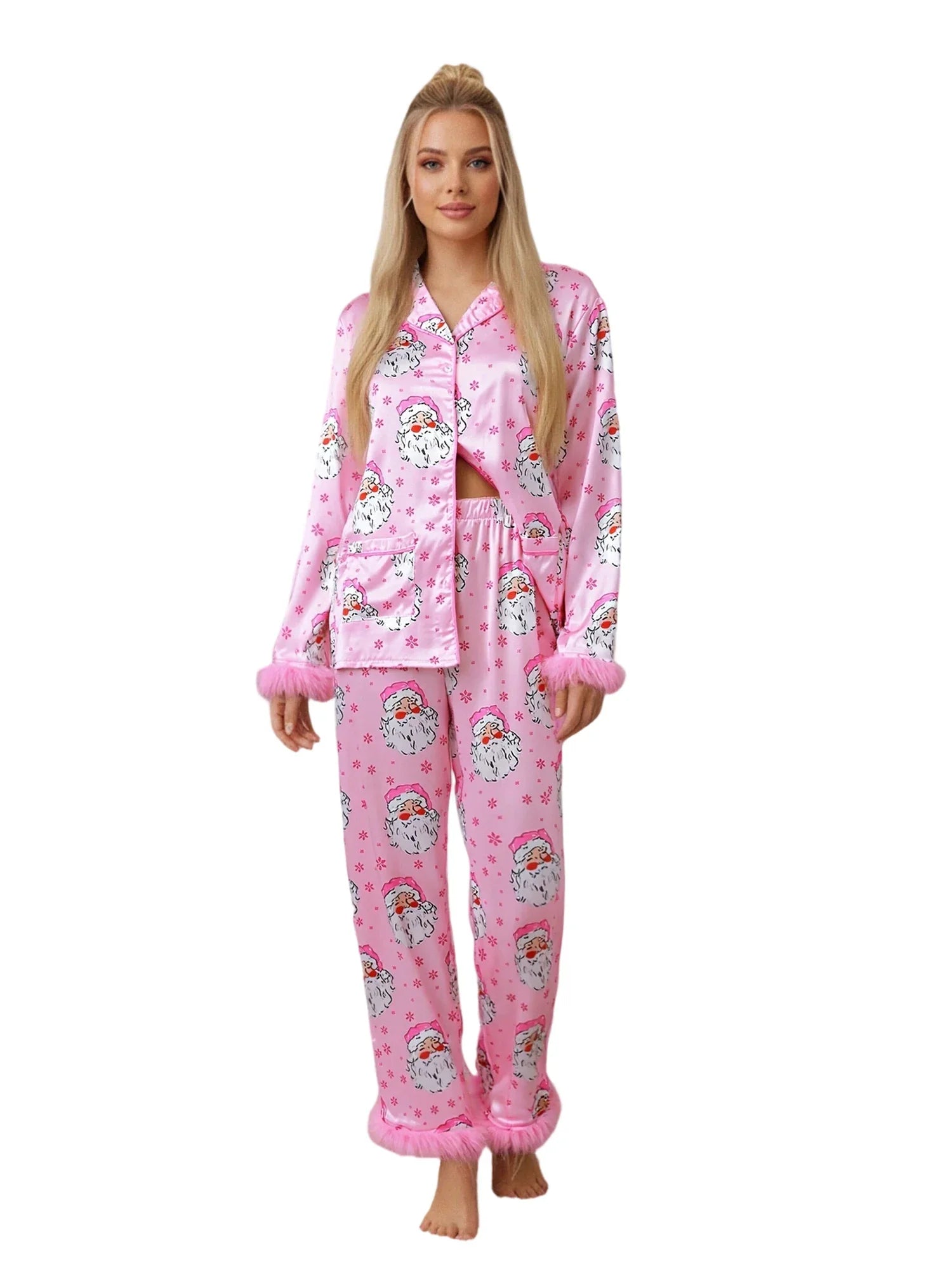 Women Satin Christmas Pajamas Sets Long Sleeve Santa Claus Print Tops with Elastic Waist Pants Two Pieces Sleepwear