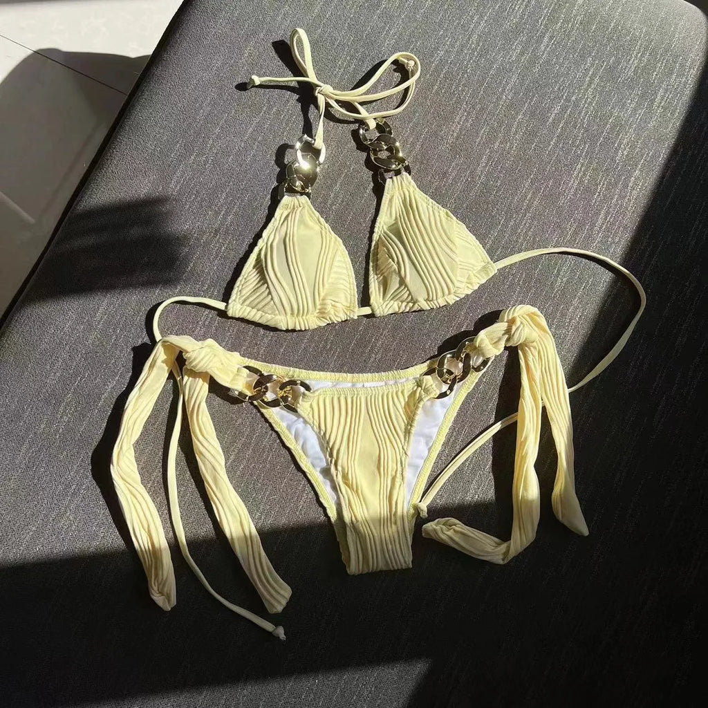 Halter Metal Rings Bikinis Wrinkled Bikini Female Swimsuit Women Swimwear Two-pieces Bikini Set High Cut Bathing Suit Swim Lady