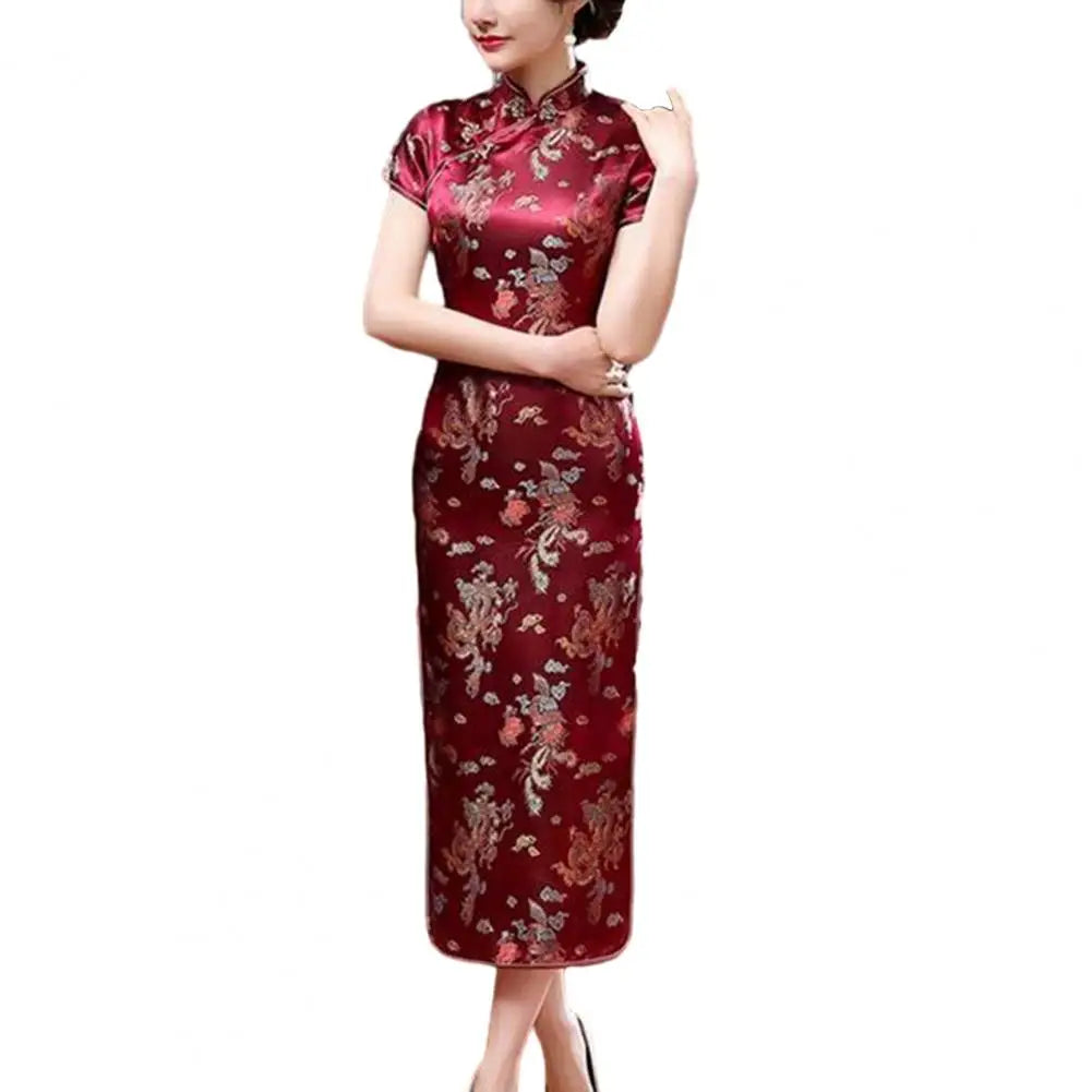 Women Dress Chinese Style Floral Embroidery Stand Collar Short Sleeves High Side Split Chinese Cheongsam Satin Silky