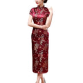 Women Dress Chinese Style Floral Embroidery Stand Collar Short Sleeves High Side Split Chinese Cheongsam Satin Silky