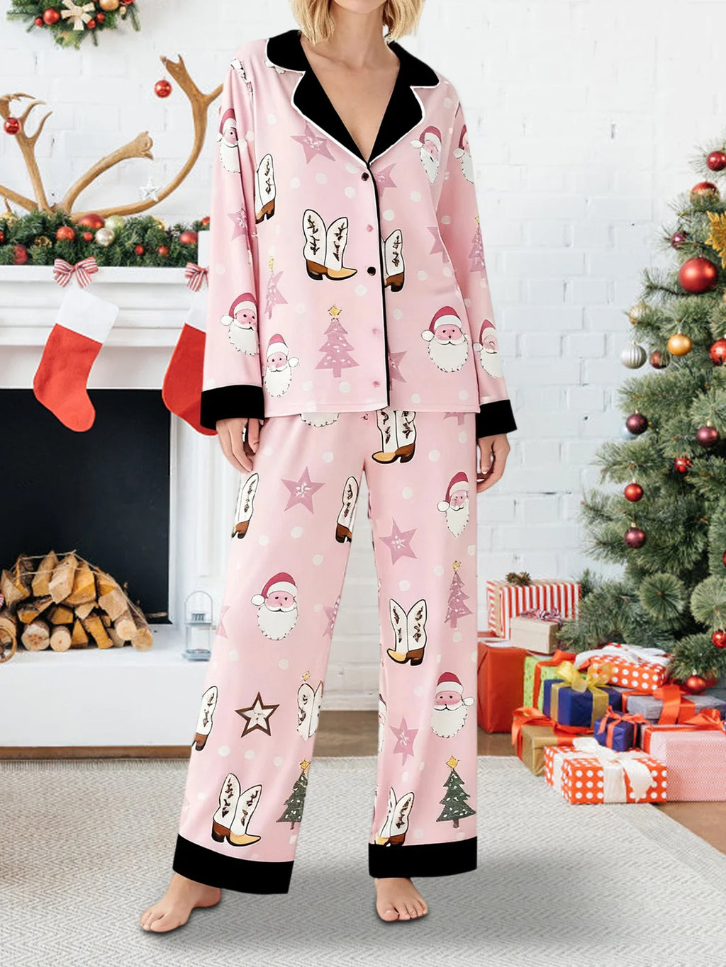Women's Christmas Pajamas Set Long Sleeve V Neck Stocking Tree Print Tops and Pants Lounge Wear Two Pieces Suits