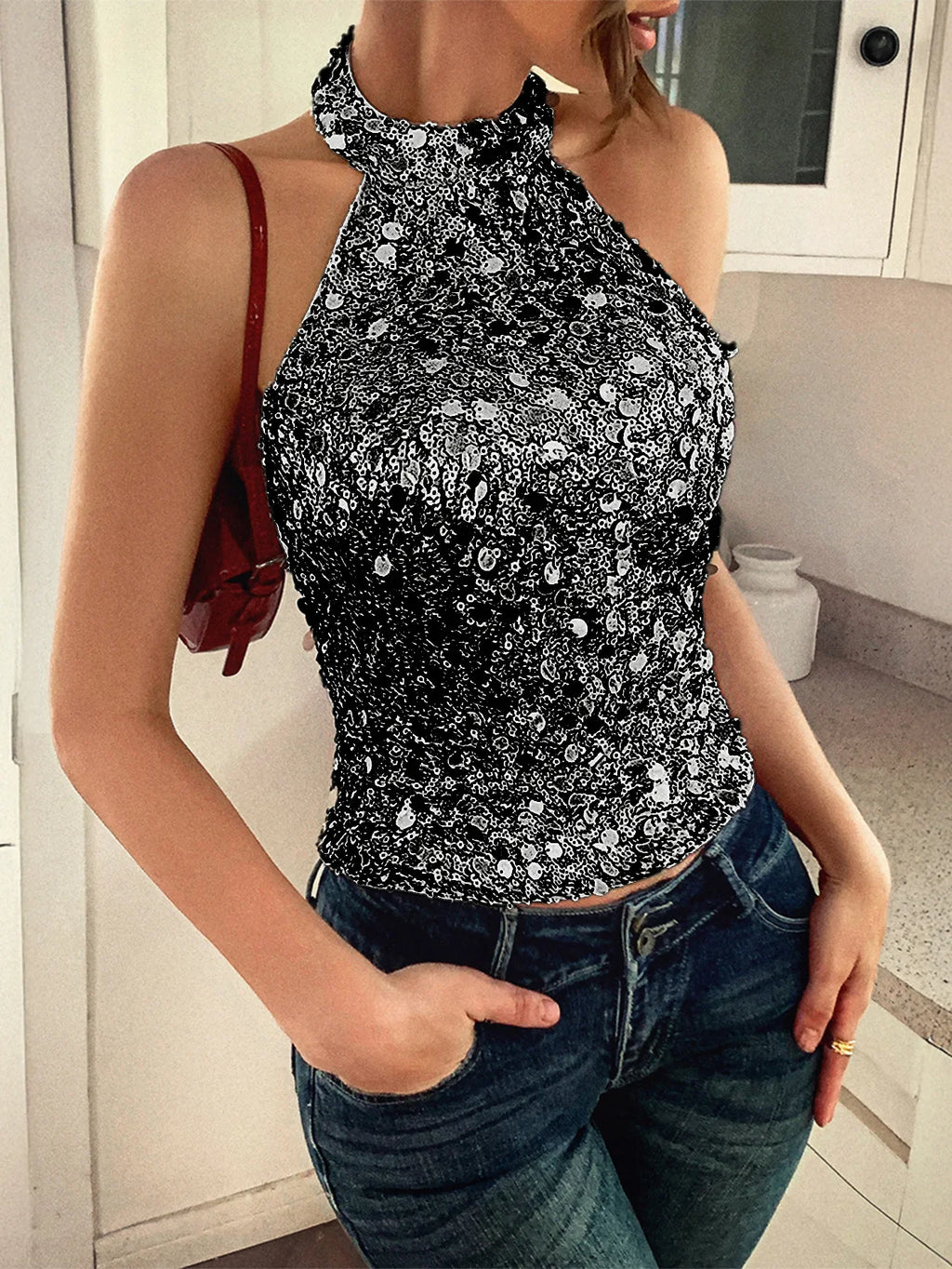 Phantasy Elegant Temperament Neck Sequin Camisole Women T-shirt Sexy Sleeveless Tank Top Female Clothes Tops 2025 Summer