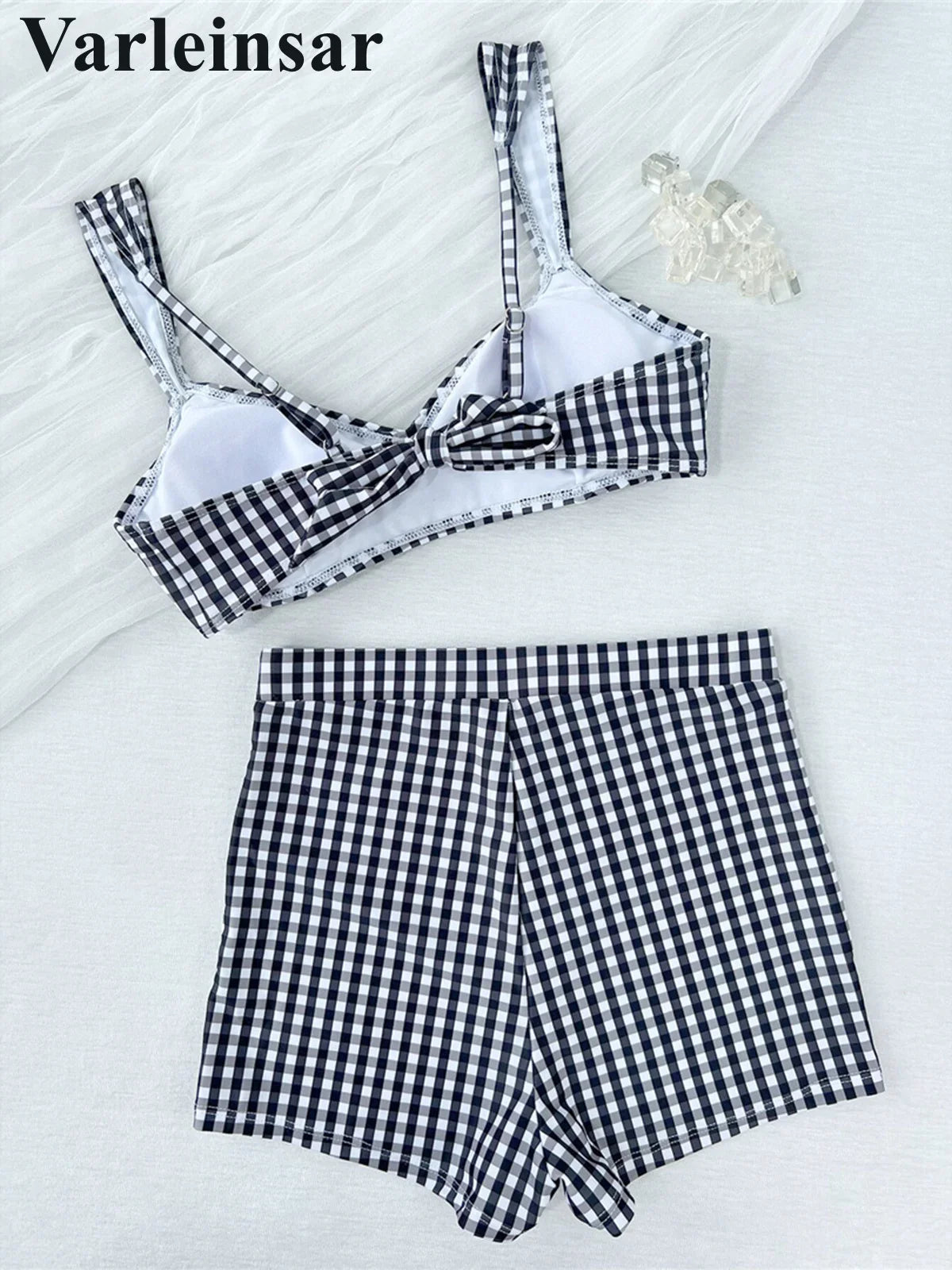 Plaid V Neck Shorts Female Swimsuit High Waist Bikini Women Swimwear Two-Pieces Bikini Set Padded Bather Bathing Suit Swim V8272