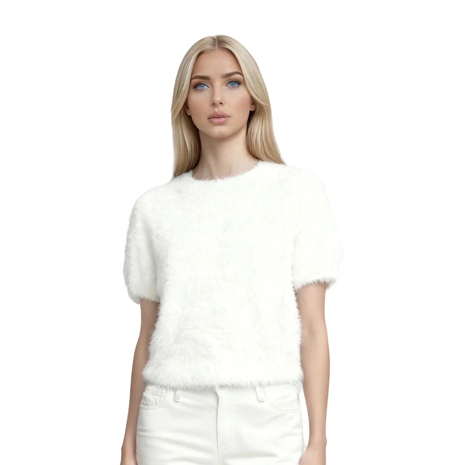 Women Spring Summer Soft Furry Sweater Solid Color Short Sleeve Round Neck Slim Fit Crop Tops