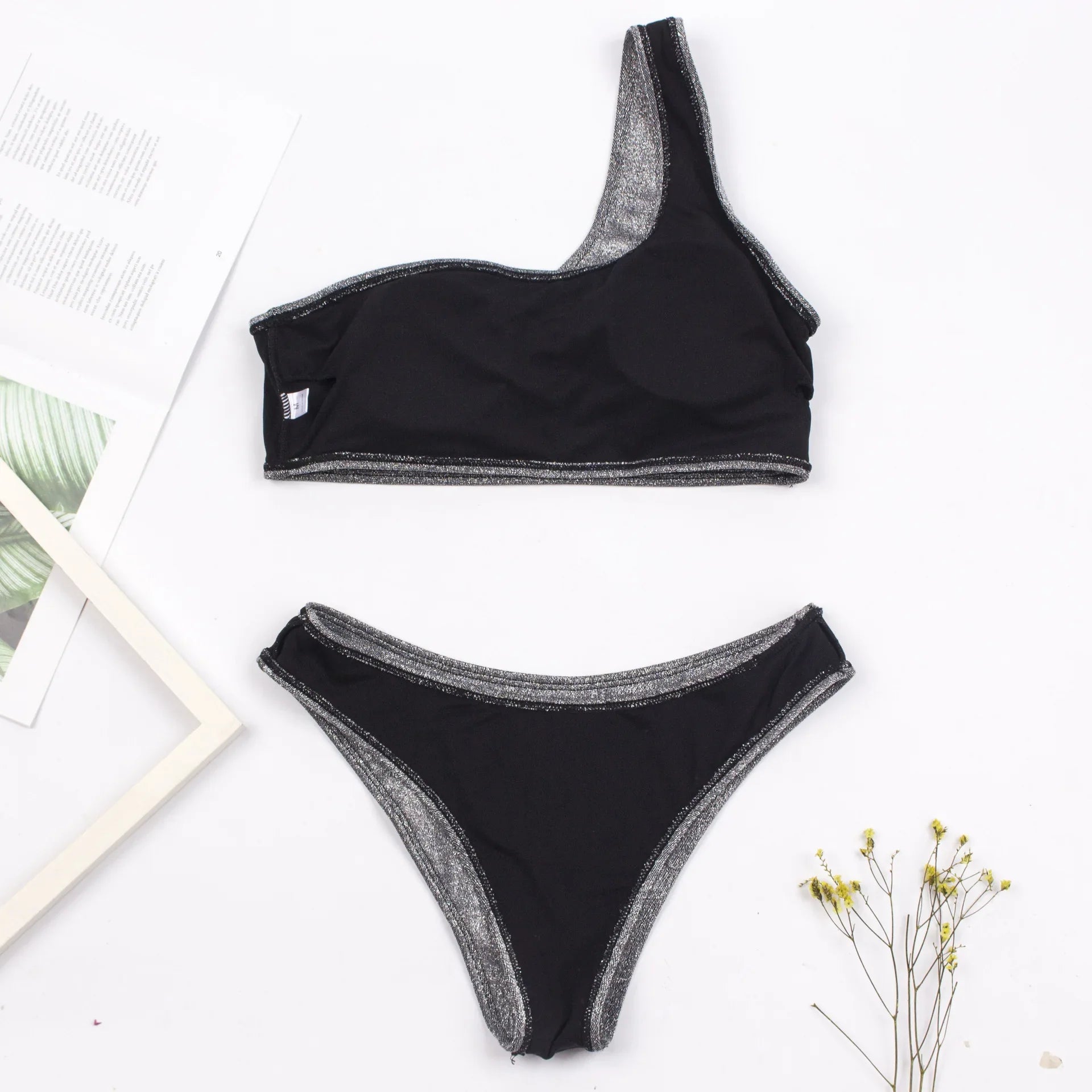 Fashion Single Shoulder Women Bikinis Set Female Shinning High Waist Swimsuit Swimwear Woman Solid Glitter Beach Bathing Suit