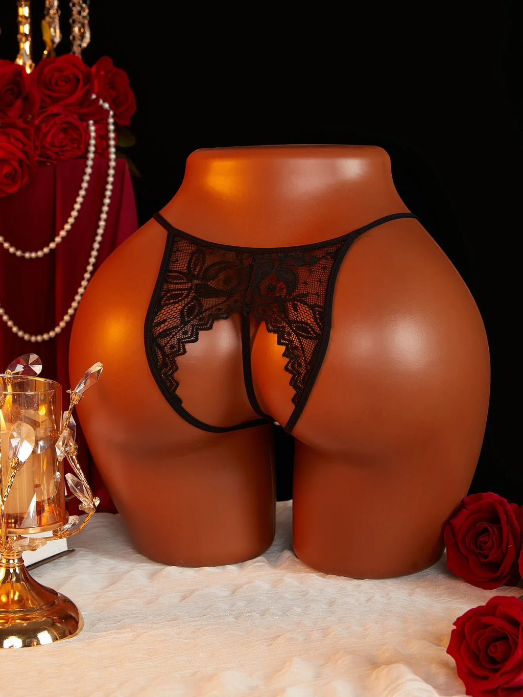 Hot Sexy Mesh Hollow Female Lingerie Transparent Crotchless Women Lace Open Crotch Beading Panties Underwear Erotic Costume