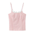 French Thin Style Sweet Plaid Camisole For Women With Lace Collar Slim Fit Semi Elastic Back Suitable For Seaside Vacations IHKJ