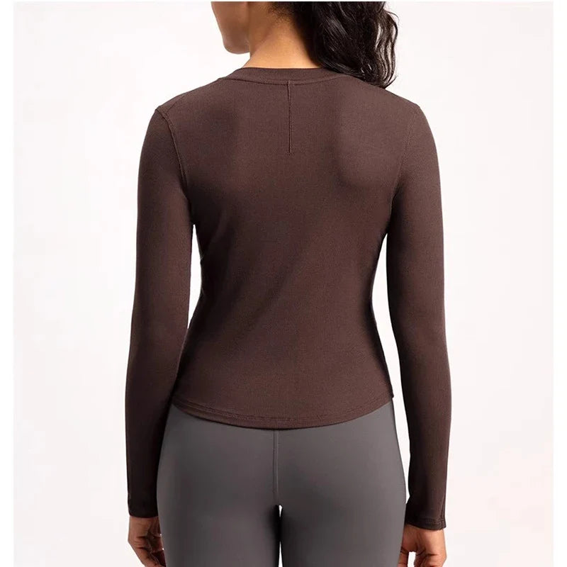Women's fitness yoga suit, tight fitting long sleeved Henley shirt, running fitness base top
