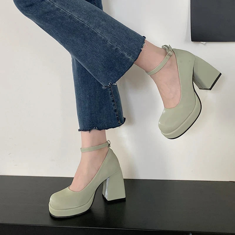 10cm Super High Heels Mary Jane Shoes Women Fashion Patent Leather Platform Pumps Woman Pearls Chain Ankle Strap Party Shoes