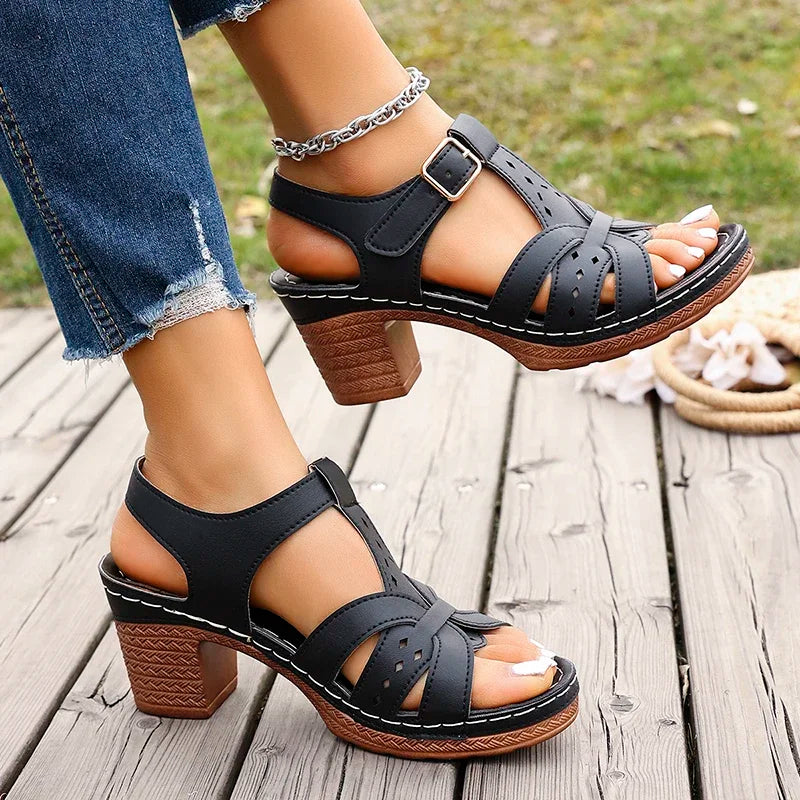Lightweight Thick High Heels Sandals Women Plus Size 36-43 Summer Rome Shoes Woman Ankle Buckle Open Toe Beach Sandles Female