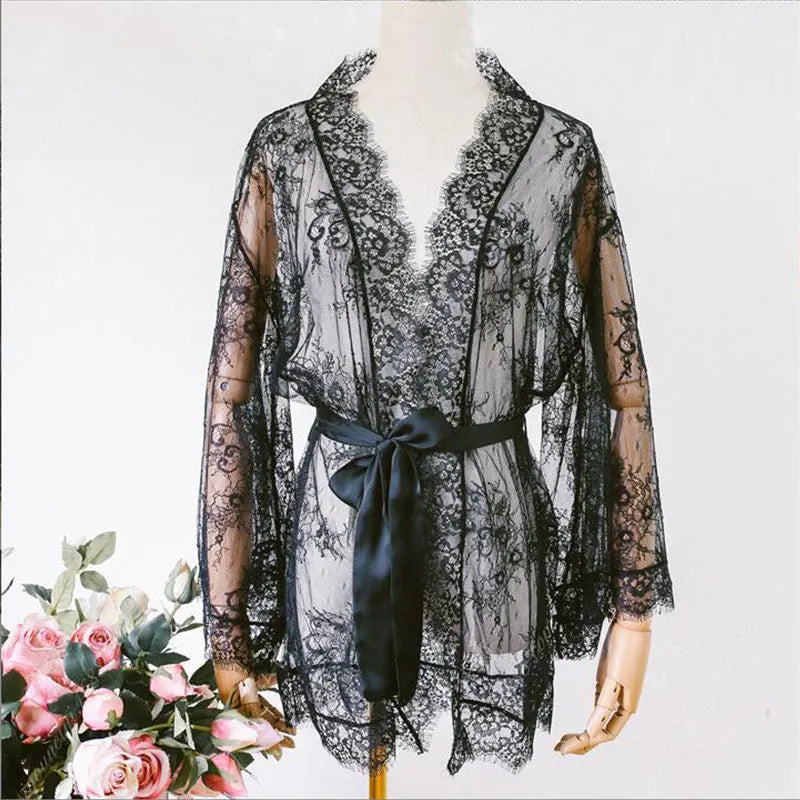 Lace Nightgowns Sleepwear Transparent Pajamas Negligee Open Crotch Sleepdress Women Robes Nightwear Sexy Underwear