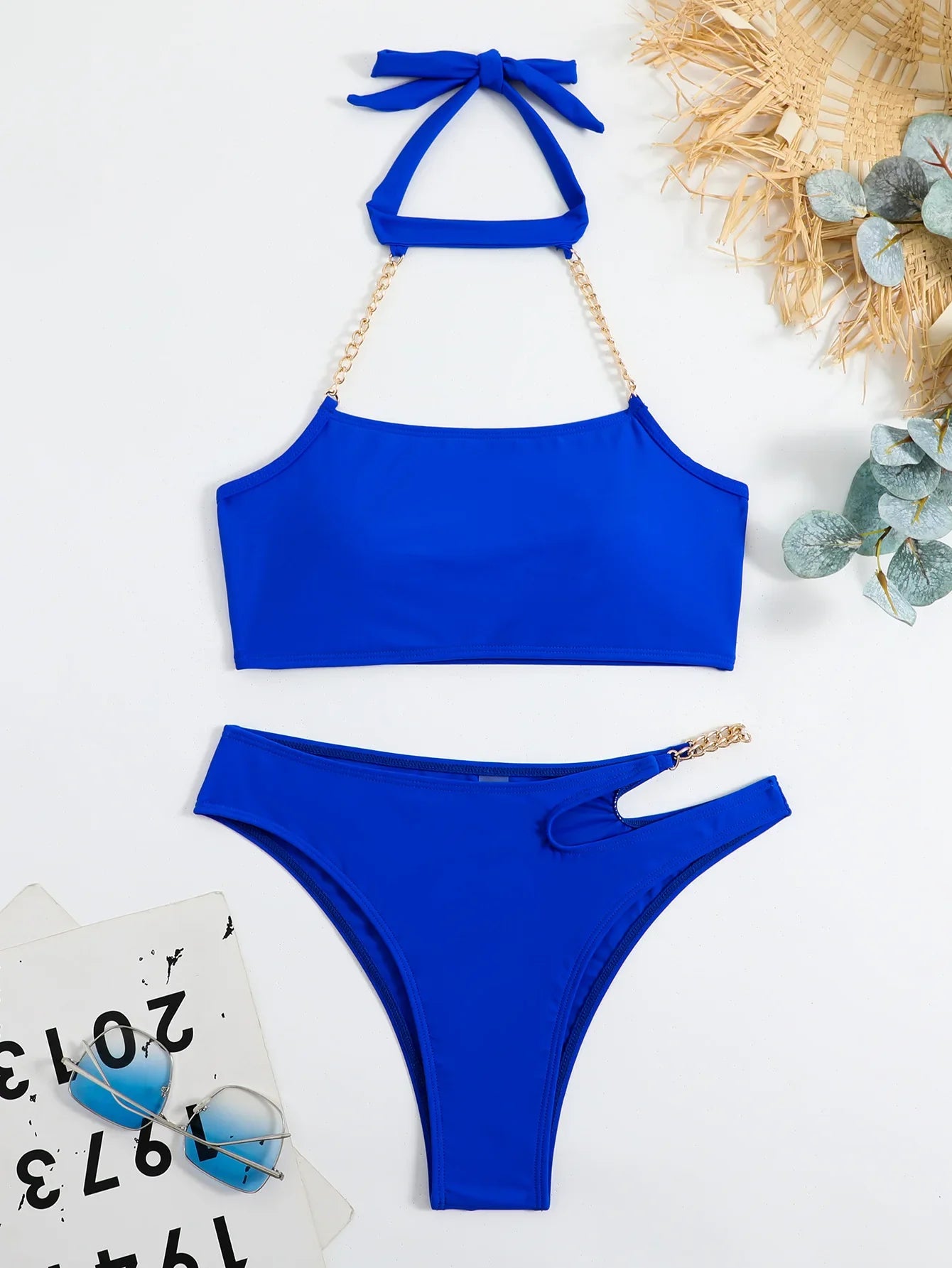 DEKA Women Push Up Metal Chain Neck Bikini Set Shoulder Straps High Waist Bottom Swimwear Women Swimming Beach Bathing Suit