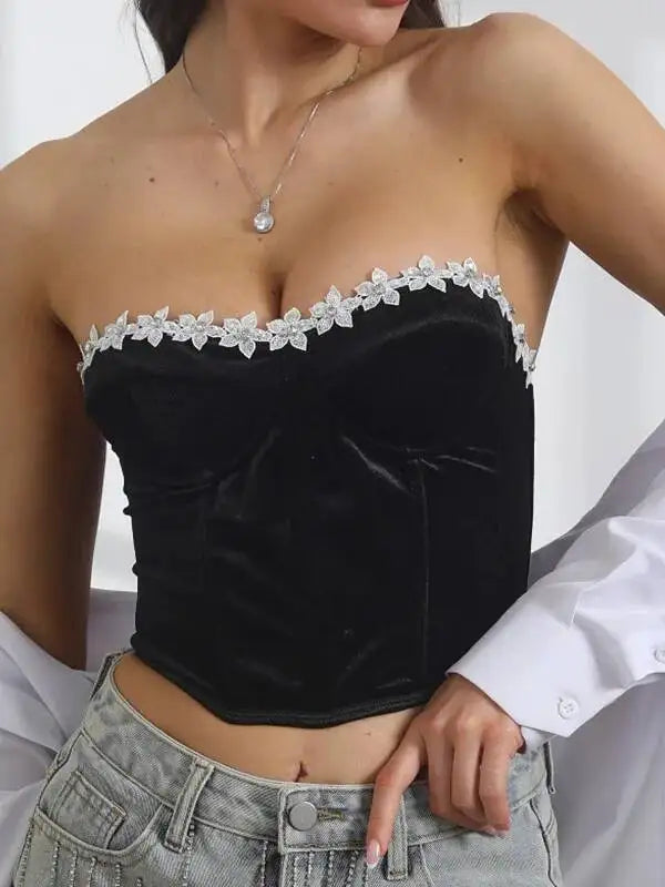 Sexy Tube Top For Women Outerwear Waist Cincher Fishbone Strapless Top Satin Smooth Surface Beaded Flower Embroidery Top DZIE