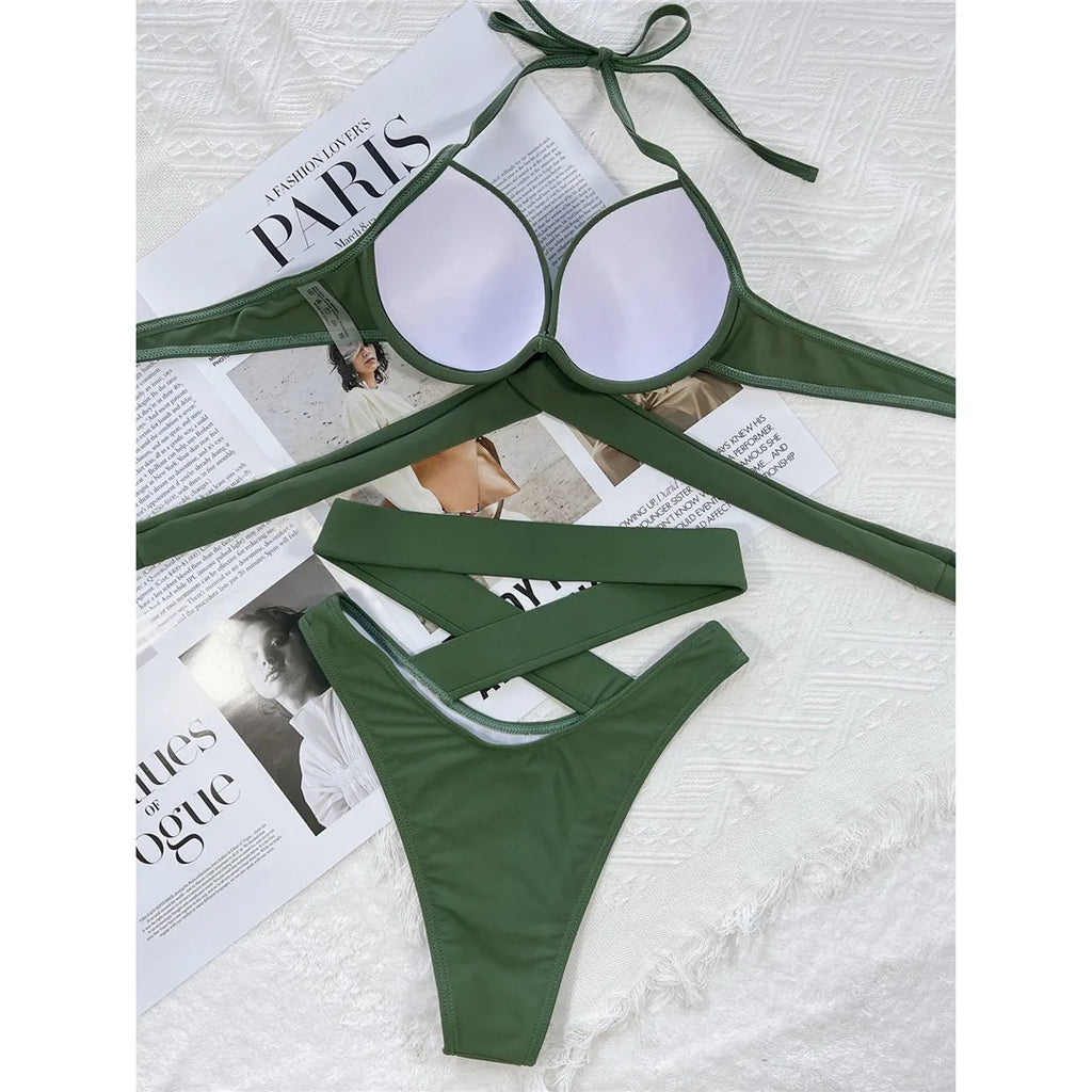 Sexy Wrap Around High Waist Bikini Female Swimsuit Women Swimwear Two-pieces Bikini Set Bandage Bather Bathing Suit Swim V3115
