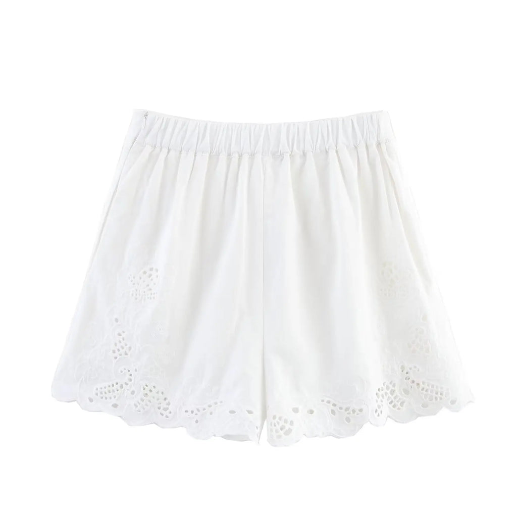 Foridol White Cotton Shorts Set Outfits Women Hollow Out Embroidery Two Pieces Set Outfits Shirt Shorts Matching Set Summer