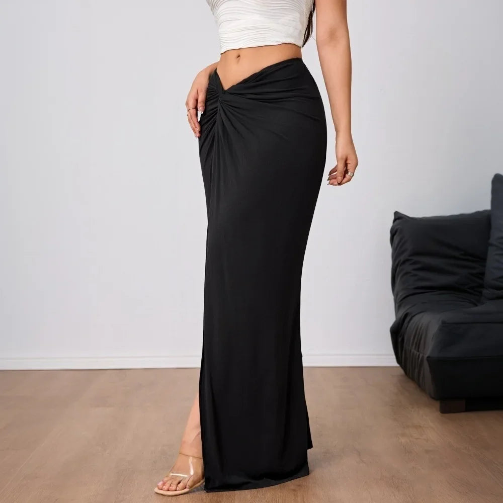 Elegant Black Skirt for Lady Folds High-waisted slit Women's Long Skirt Spring Summer Outfit Fashionable Casual Streetwear Women