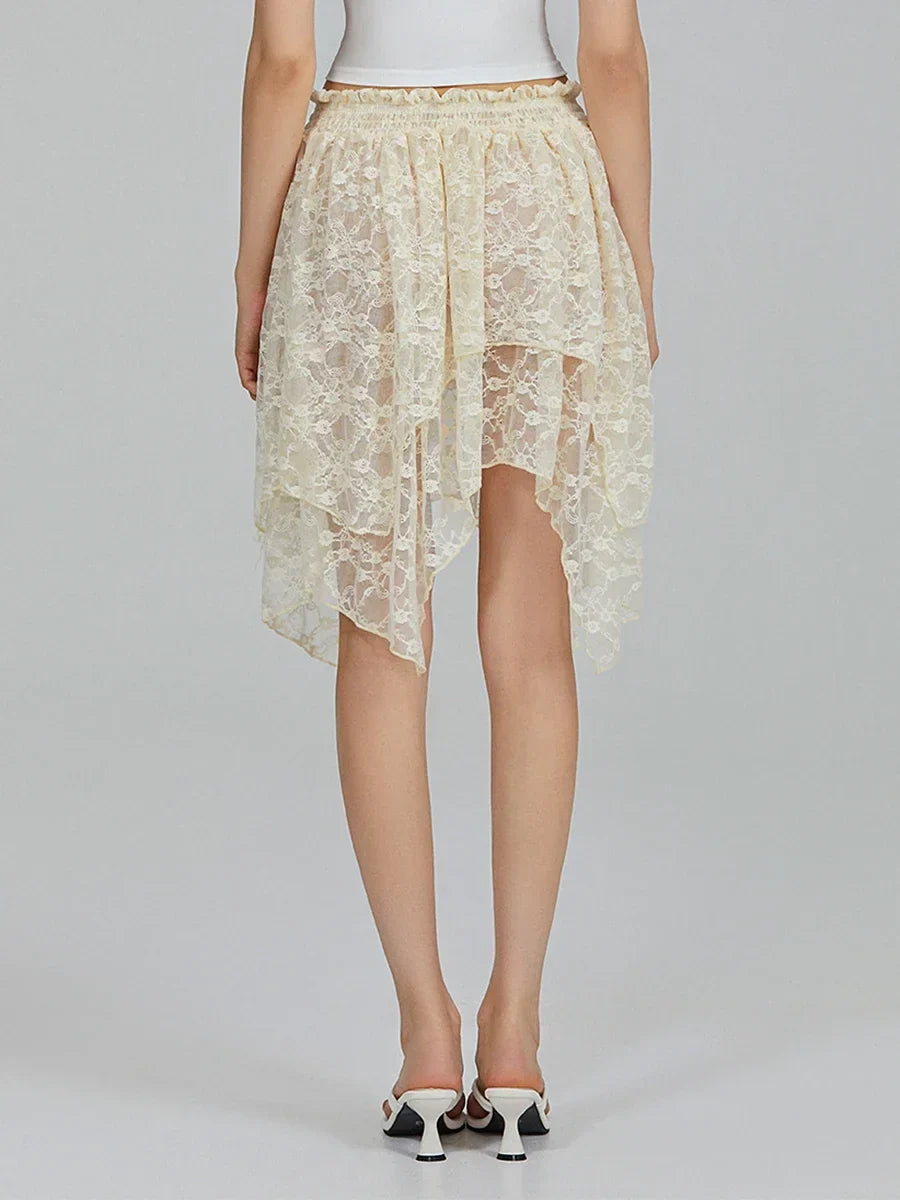 Women's Lace Skirts High Waist Irregular Hem Skirts Summer Korean Fashion Gothic Sexy Club Beach Skirts