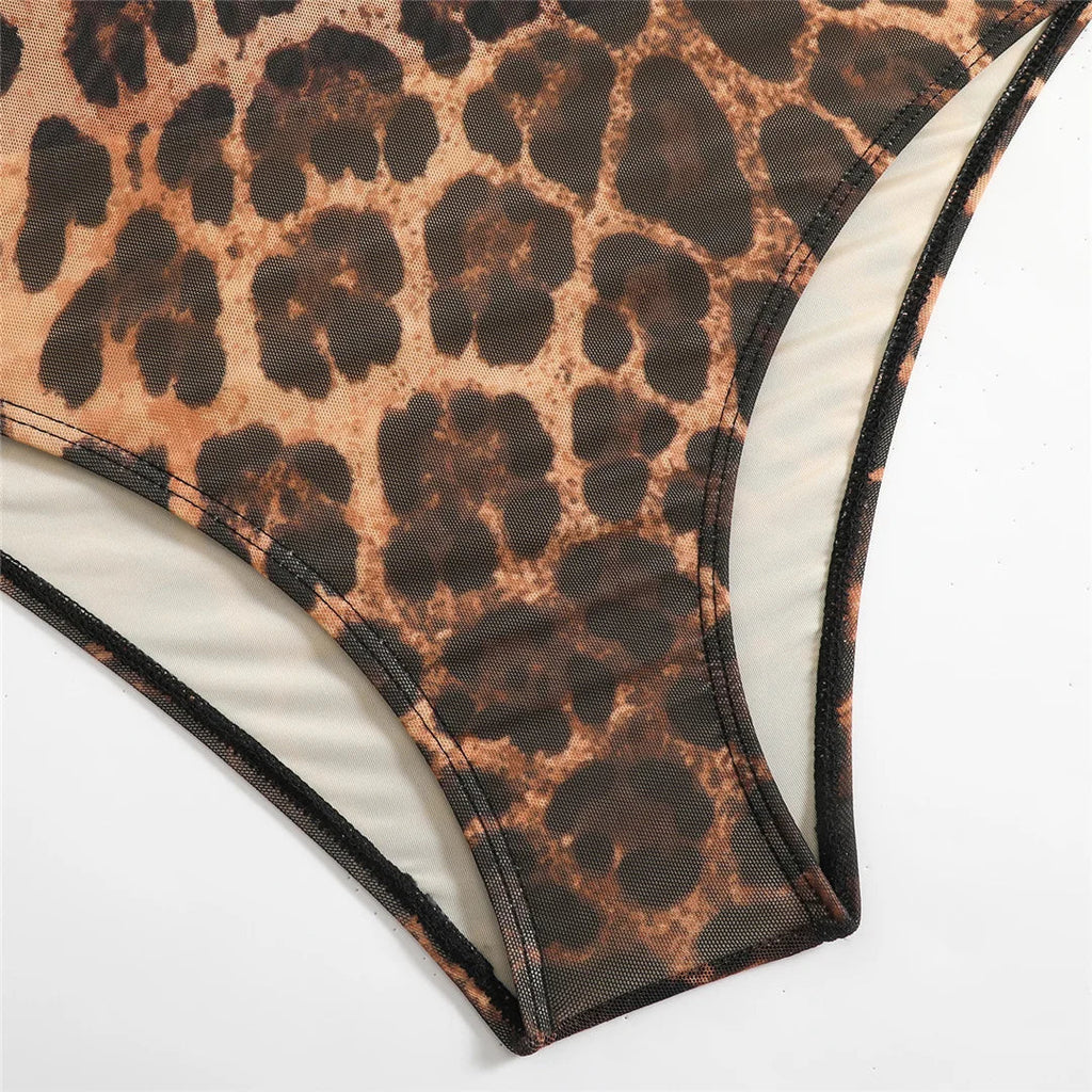 S - XXL 2026 Leopard With Skirt Long Sleeve One Piece Swimsuit Women Swimwear Female High Cut Leg Bather Bathing Suit Swim V7352